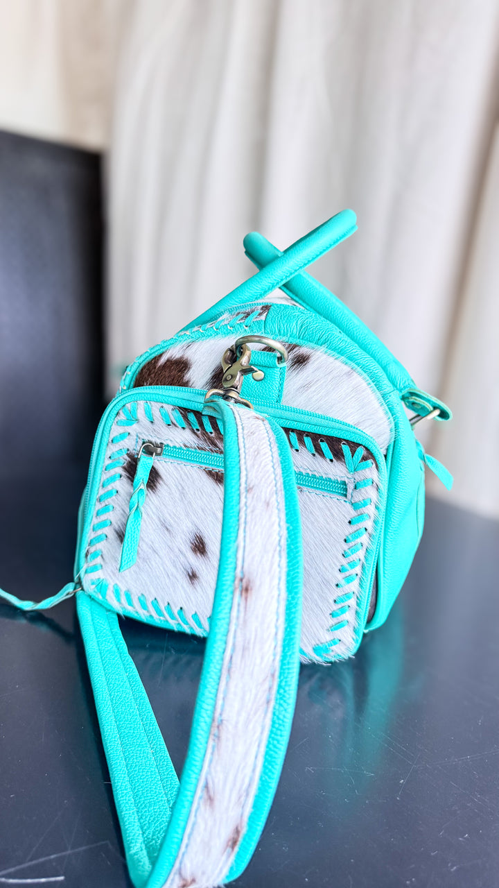The Tipheni Mini Duffel | Mint Green Leather & Speckled Cowhide Gym Bag