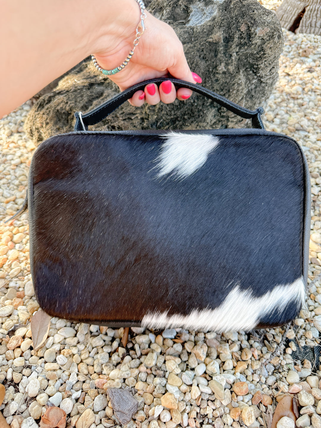 Black and White Hair on Cowhide and Black Leather Study Bible Zipper Case with Handle