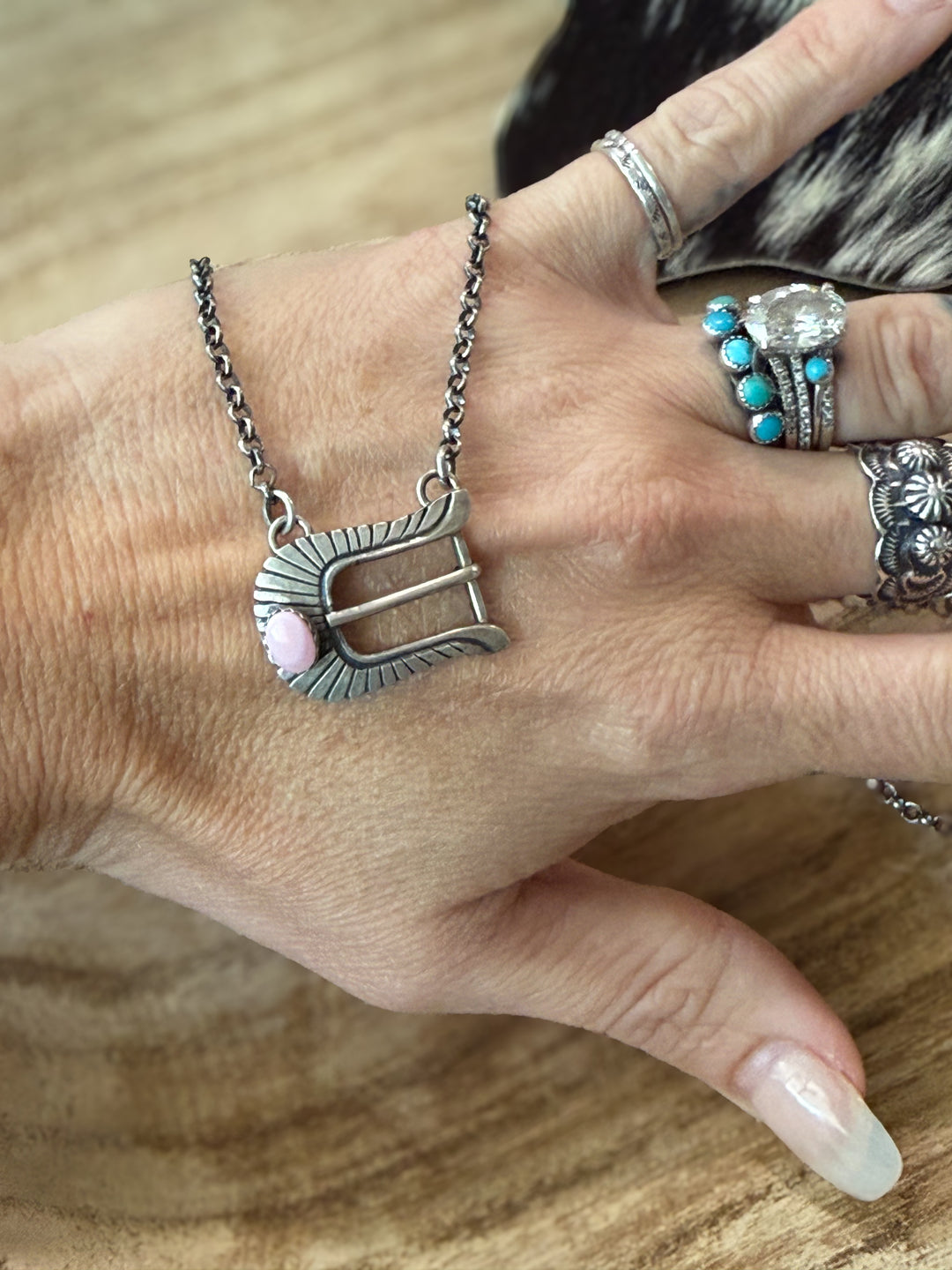 Navajo Pink Conch Belt Buckle Necklace by Patrick Yazzie | Sterling Silver | Handmade