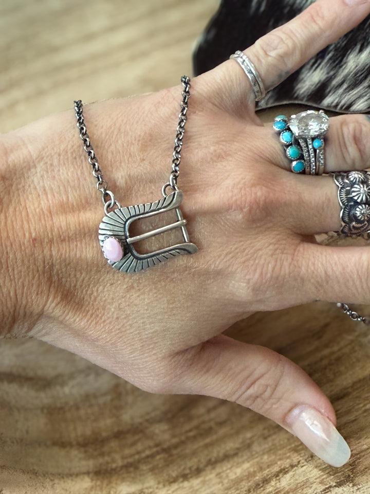 Navajo Pink Conch Belt Buckle Necklace by Patrick Yazzie | Sterling Silver | Handmade
