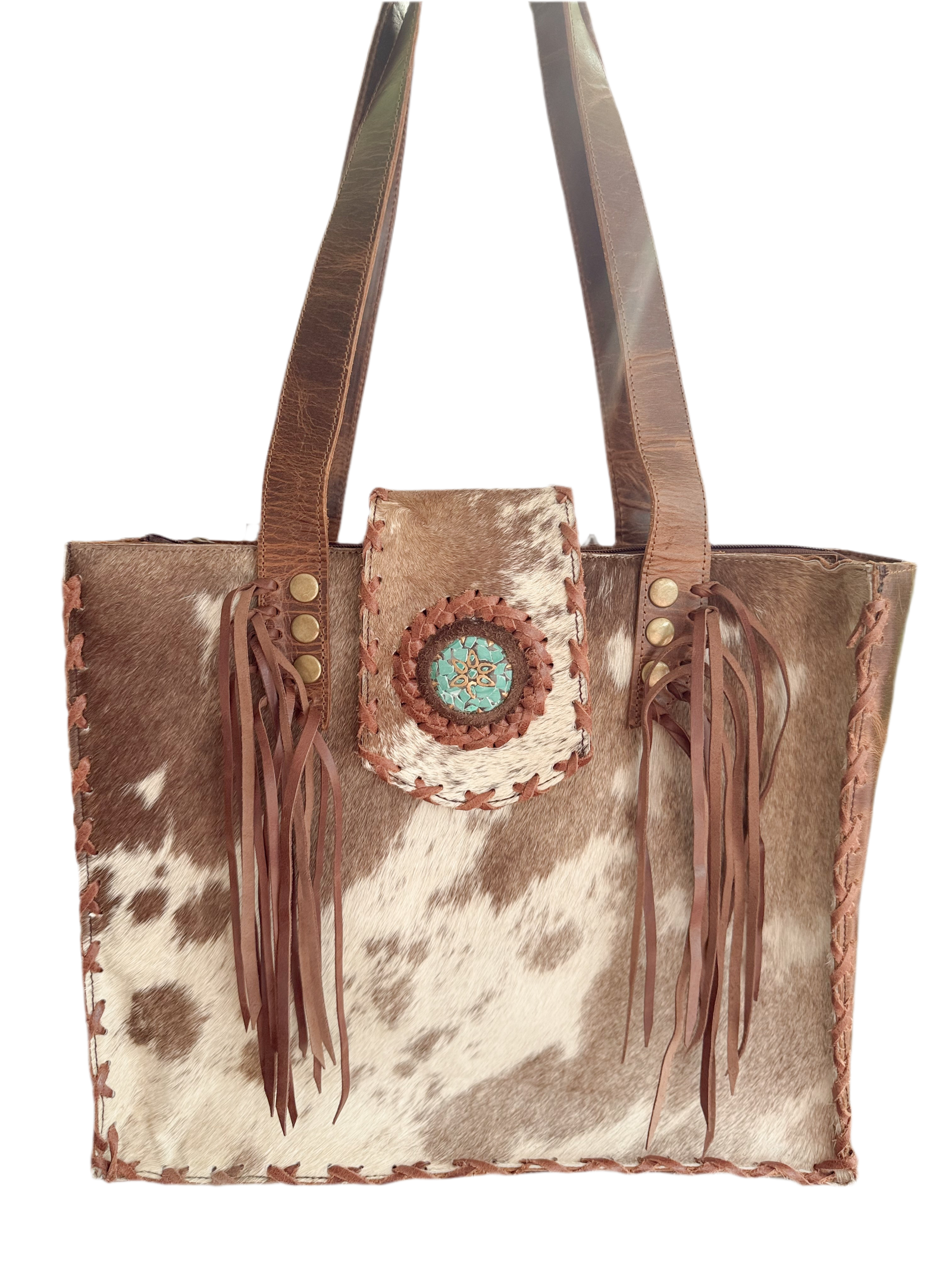 Palomino Bluff tote in hair-on cowhide and brown crunch leather with turquoise concho
