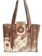 Palomino Bluff tote in hair-on cowhide and brown crunch leather with turquoise concho