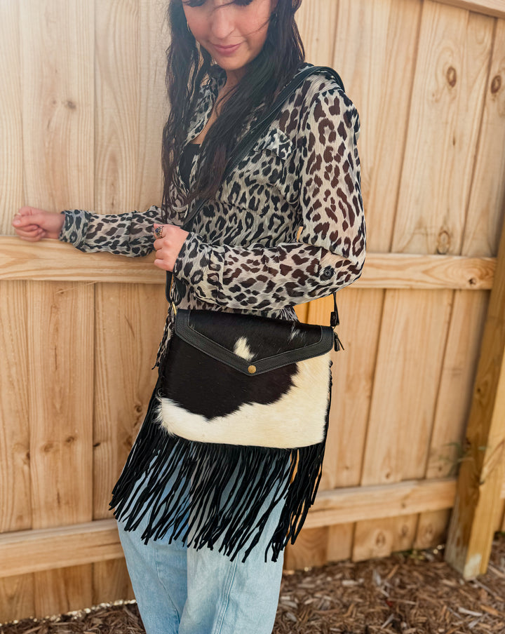 The Evelyn Fringe Crossbody | Genuine Leather & Hair-On Cowhide Western Purse