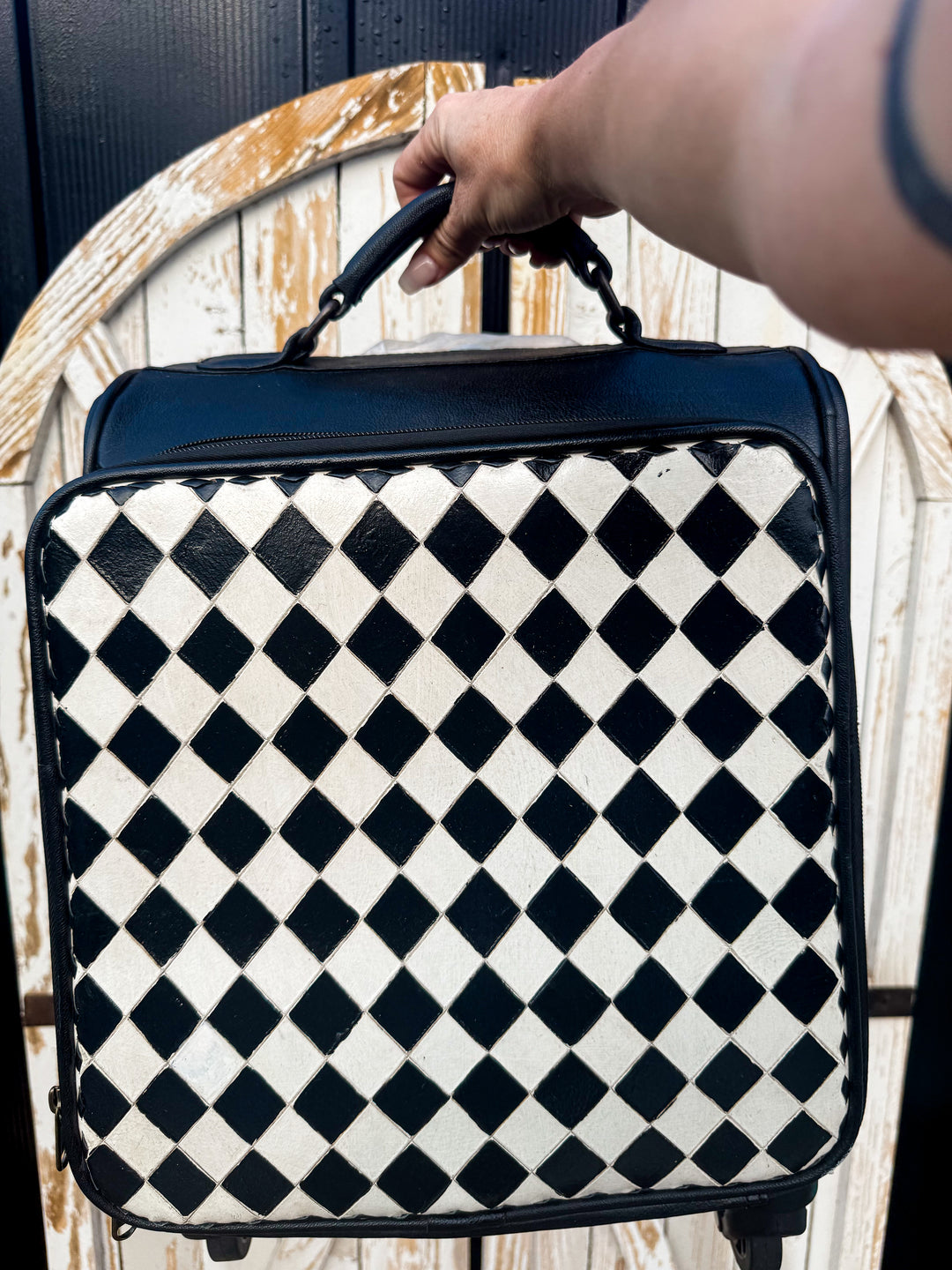 Black & White Diamond Check Leather Rolling Carry-On Suitcase | Small Travel Luggage