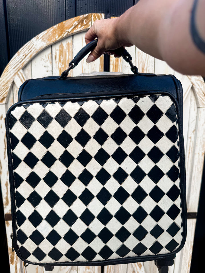 Black & White Diamond Check Leather Rolling Carry-On Suitcase | Small Travel Luggage