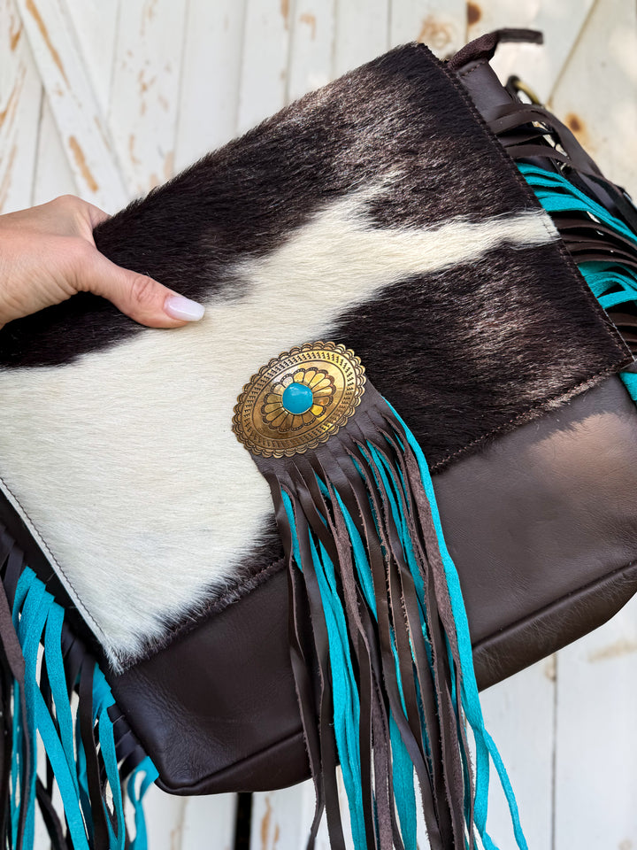 Turquoise Gold Cowhide Crossbody Bag | Genuine Leather Western Fringe Purse