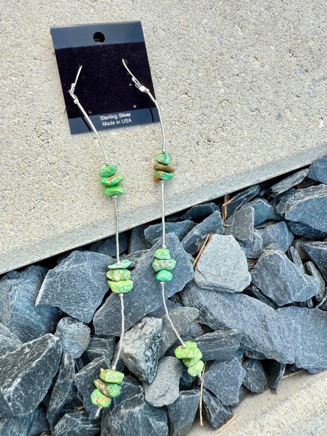 Long sterling silver turquoise nugget earrings with bright green stones