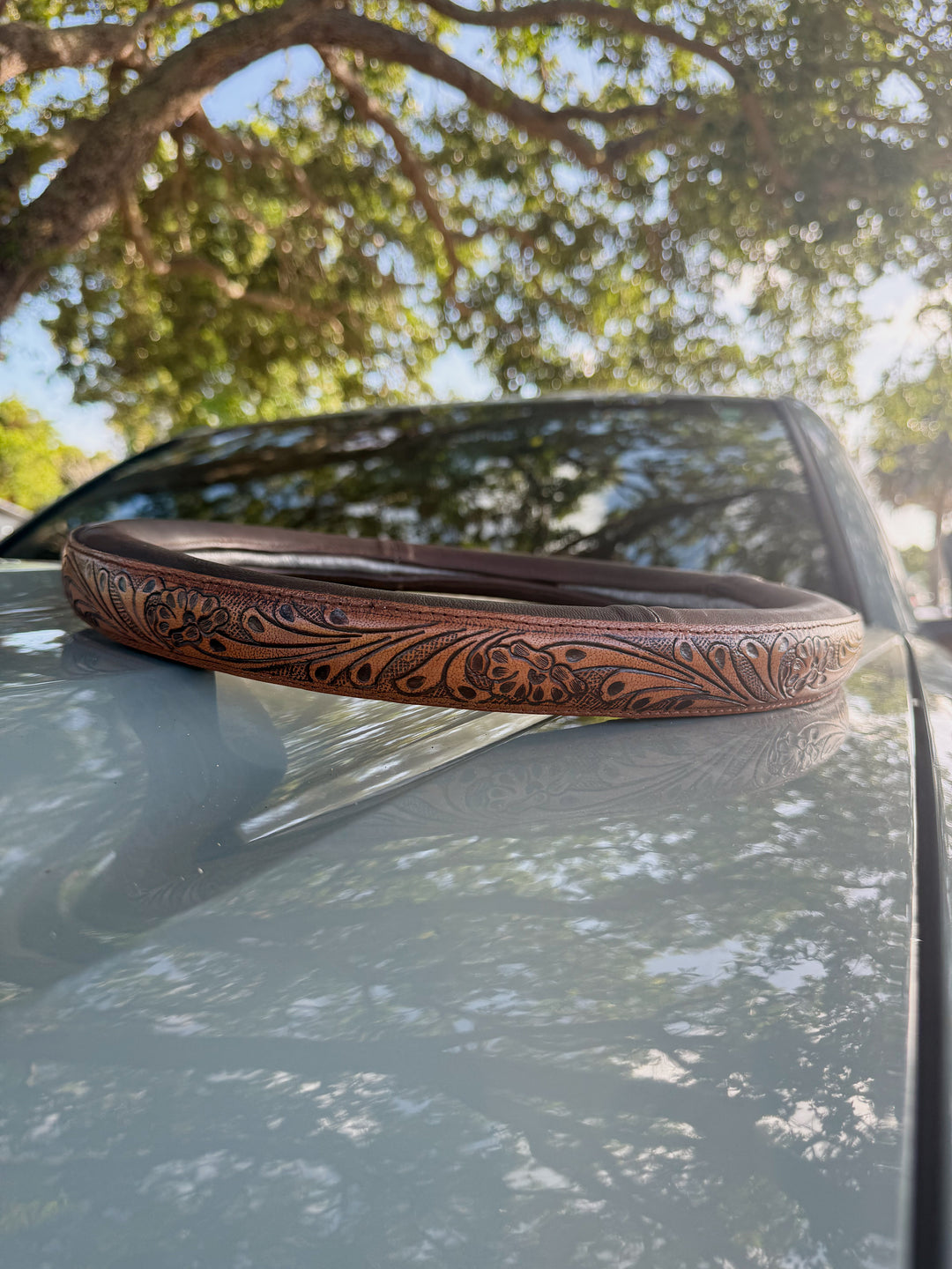 The Coffee Run Steering Wheel Cover | Tooled Leather Western Steering Wheel Cover 14.5”