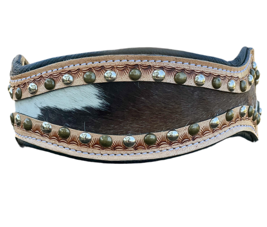 The Outlaw : (Large) Cowhide and Tooled Leather Studded Dog Collar