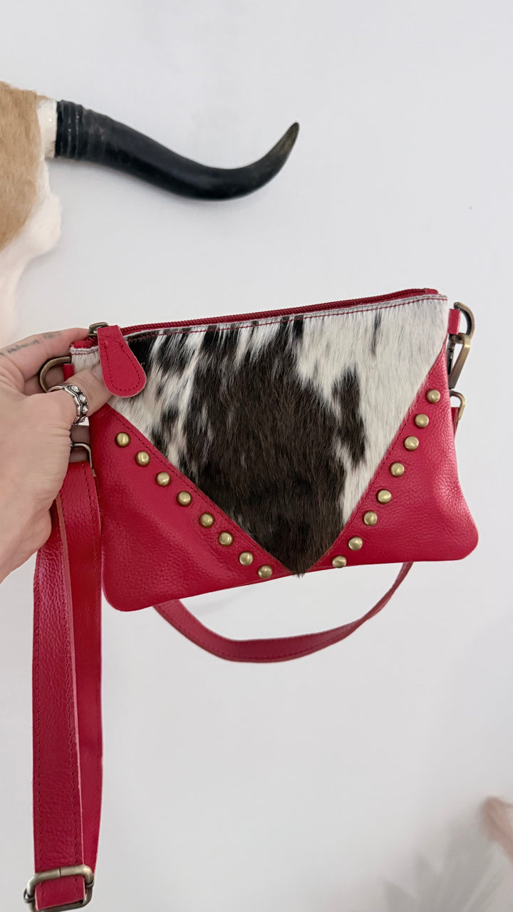The Fireball Mini | Red Leather & Cowhide Studded Crossbody Purse