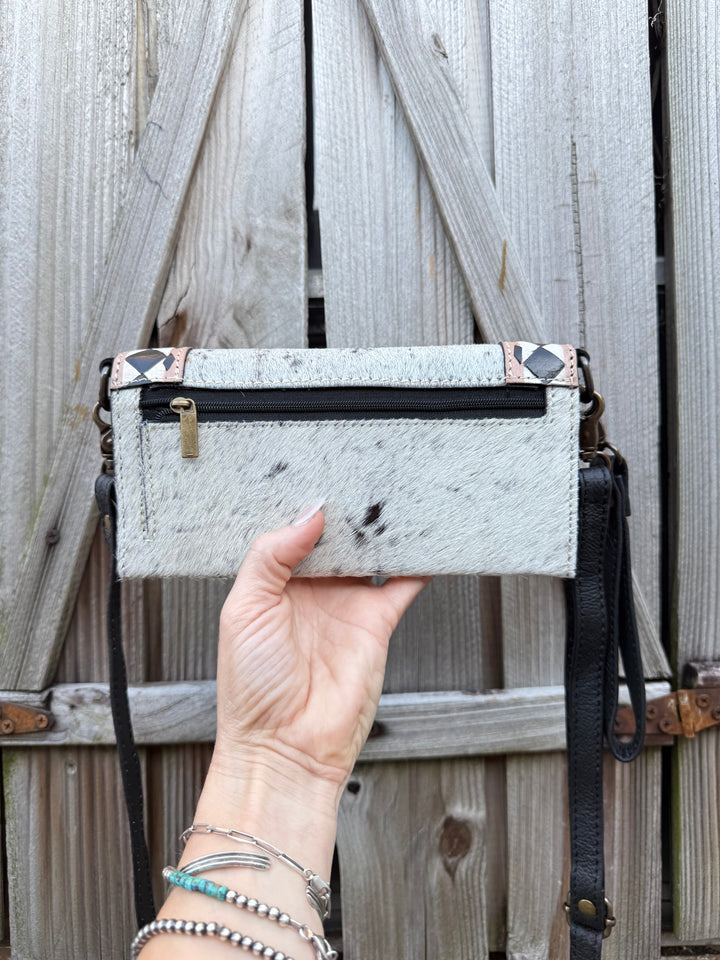 Speed Check Diamond Clutch | Black and White Cowhide Leather Diamond Checkered Convertible Clutch