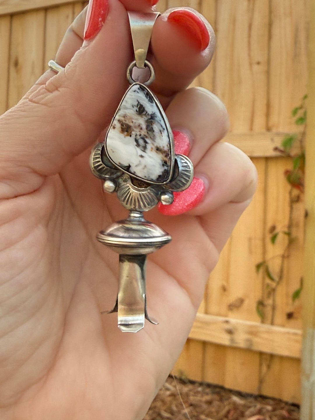 Navajo White Buffalo Turquoise Squash Blossom Pendant | Sterling Silver by Juanita McDonald