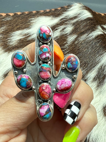 Mojave Desert : Spiny Oyster & Turquoise Mojave Sterling Silver Cactus Adjustable Statement Ring