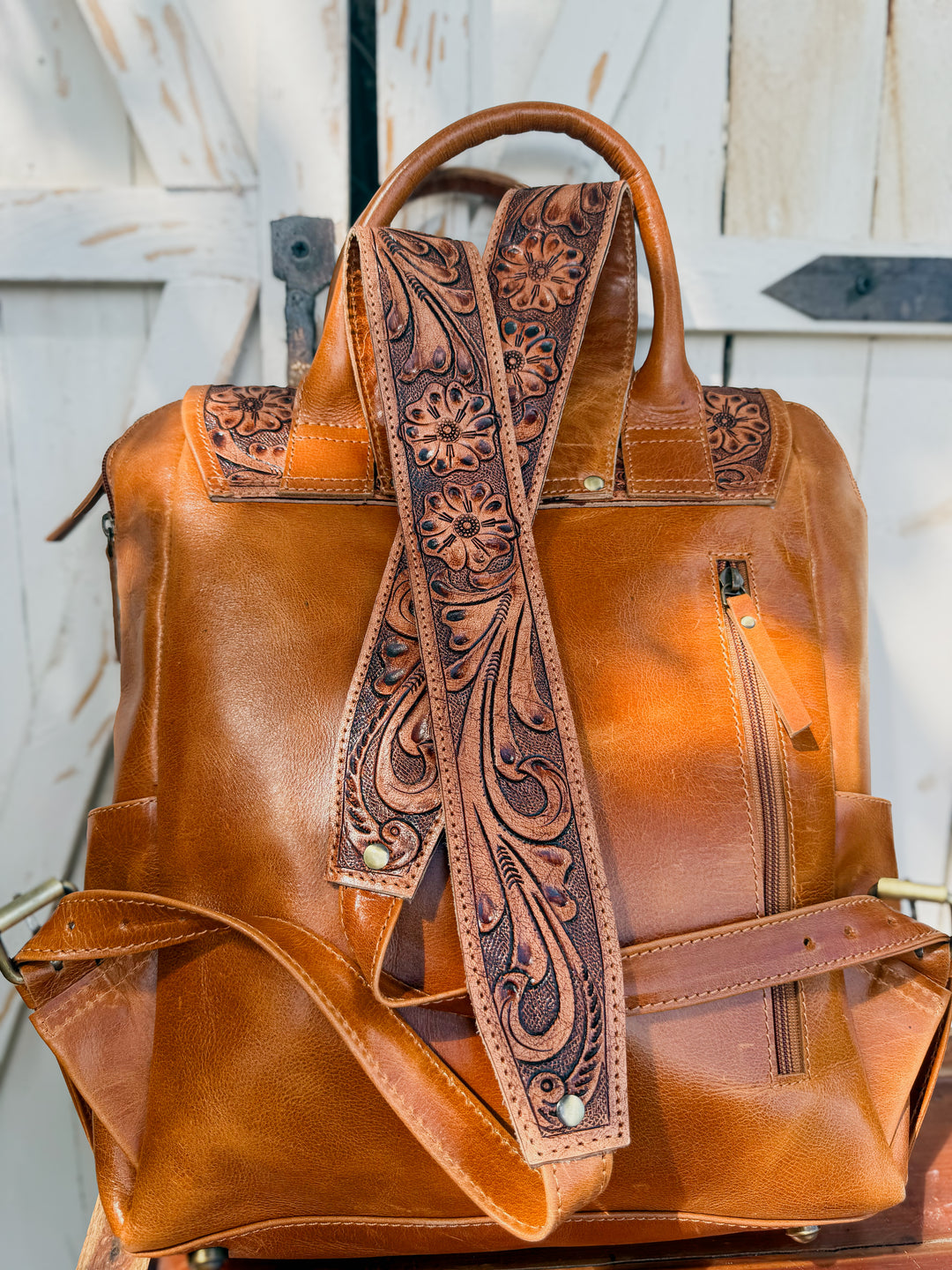 Tooled Leather Cowhide Backpack | Diaper or Work Bag Style + Hidden Back Pocket