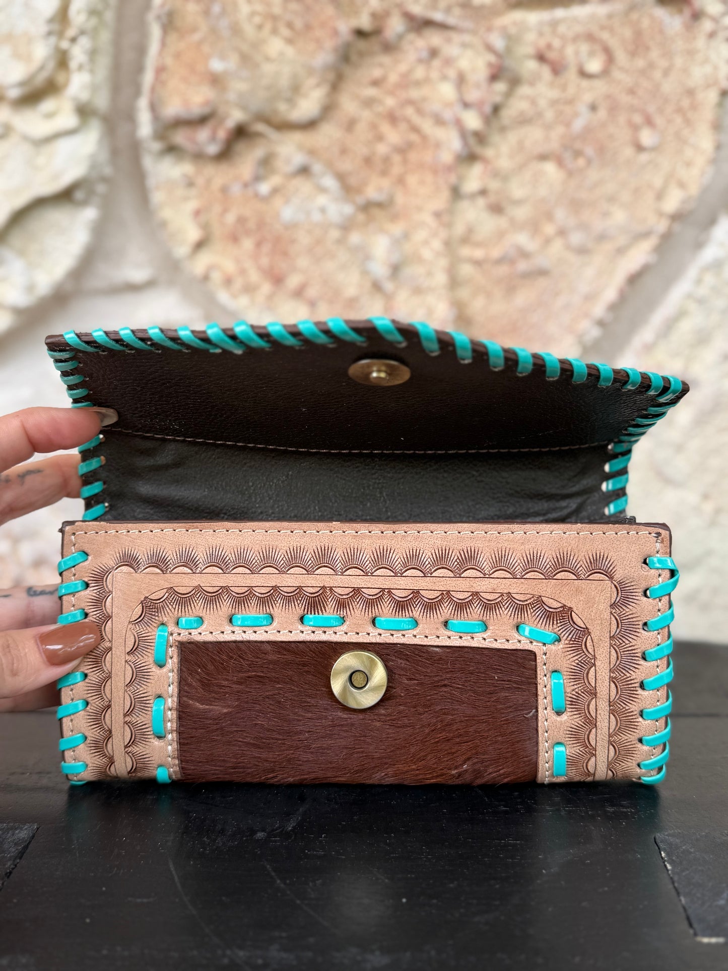 Turquosie Tangle : Tooled Leather Turquoise Stitched Cowhide Wallet