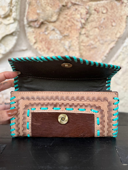 Turquosie Tangle : Tooled Leather Turquoise Stitched Cowhide Wallet