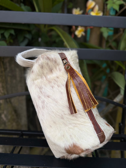 Brown/Tan Cowhide & Leather Travel Cosmetic Bag | Zipper Toiletry Case
