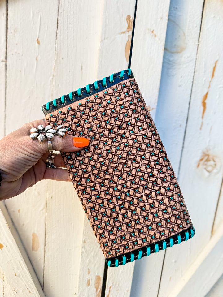 Kingman Blue Phone Clutch | Stamped Southwestern Leather Wallet Clutch with Whipstitch & Painted Turquoise Detail