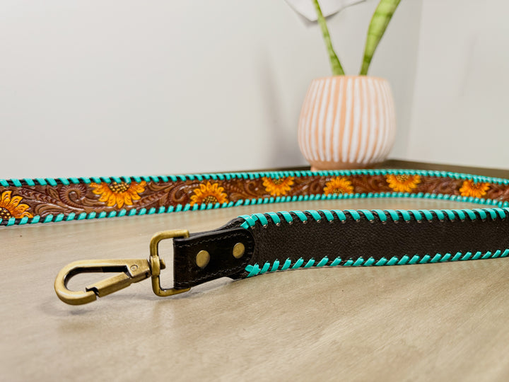 Wild Sunflower Western Tooled Leather Crossbody Strap