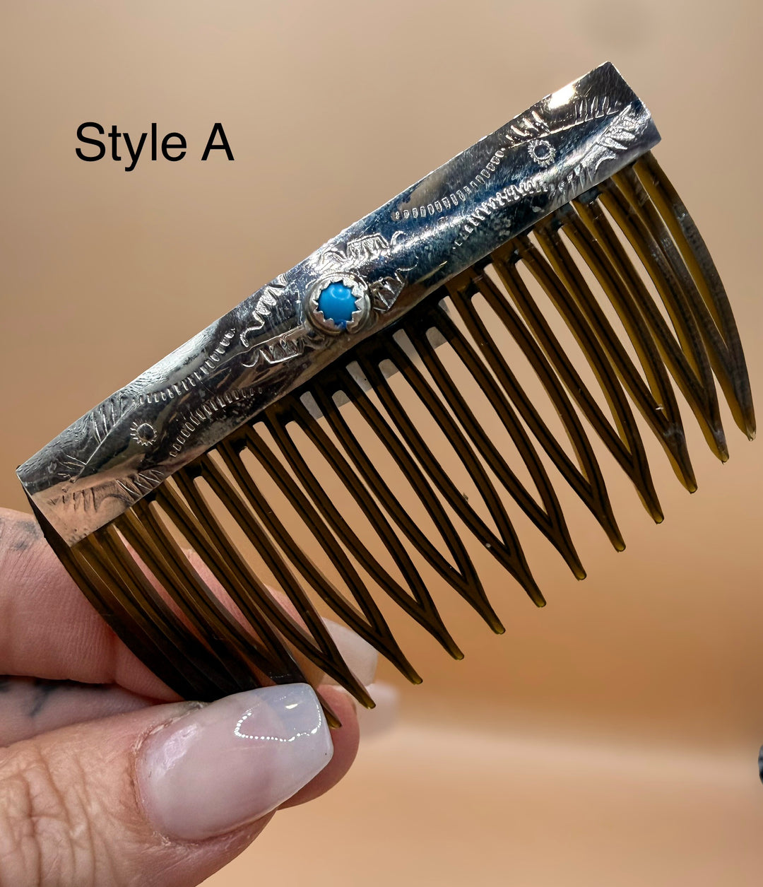 Navajo Handmade Sterling Silver Kingman Turquoise Hair Comb
By Navajo Silversmith Genevieve Jones