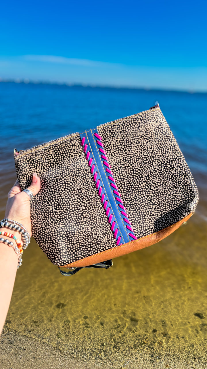 Palm Beach Rodeo polka dot hair-on cowhide leather crossbody purse with periwinkle leather and pink lacing