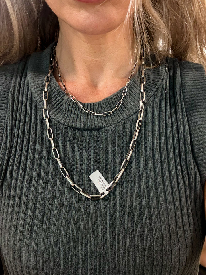 Thick Navajo Sterling Silver Paperclip Chain Necklace – 24” Handmade by Shirley Henry