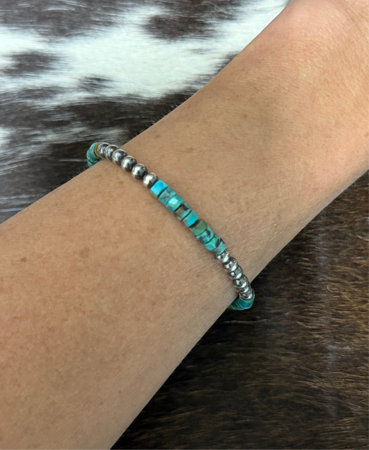 Navajo Handstrung Sterling Silver Pearls and Kingman Turquoise Bracelet