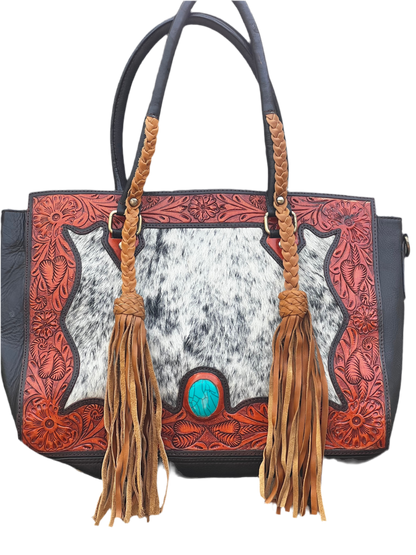 Dawn to Dusk – Large Everyday Western Concealed Carry Tote with Tooled Leather, Cowhide & Fringe Handles
