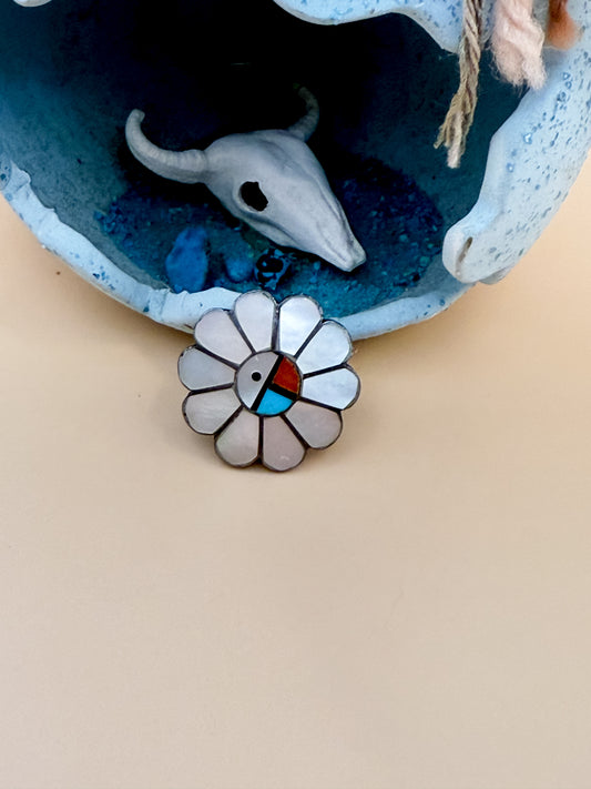VINTAGE ZUNI SUNFACE pendant pin combo - mother of pearl, coral, onyx turquoise