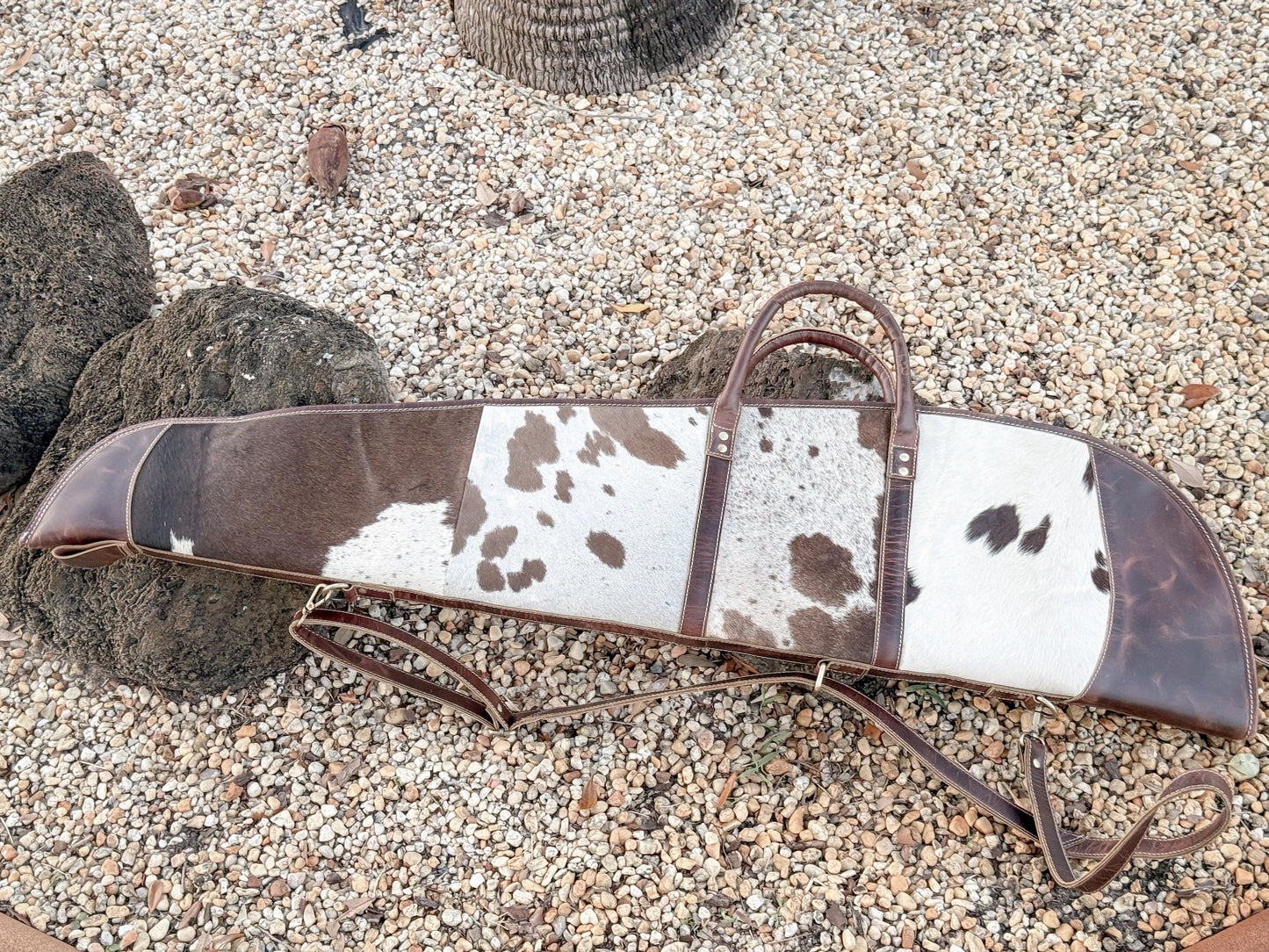 Custom Hair on Cowhide and Dark Brown Leather Padded Protective Western Rifle Case with Strap and Handles