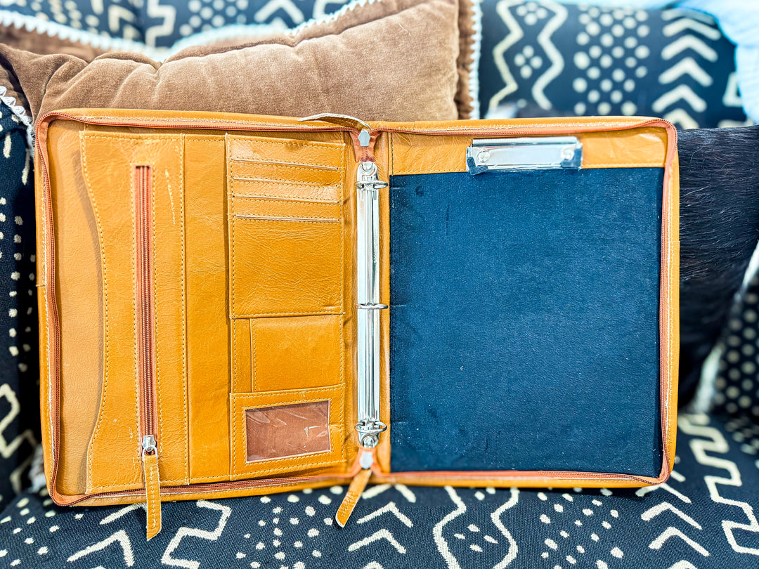 Adult Money Work Binder | Tooled Leather Western Zip Portfolio Organizer with Card Slots & Ring Binder