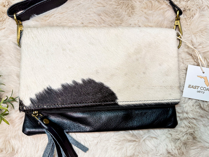 Hide Away Foldover | Small Elegant Black Leather and Hair on Cowhide Crossbody Foldover Purse
