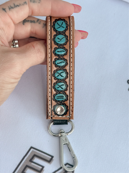 Turquoise Stone Design Hand Tooled Leather Hand Painted Keychain Strap