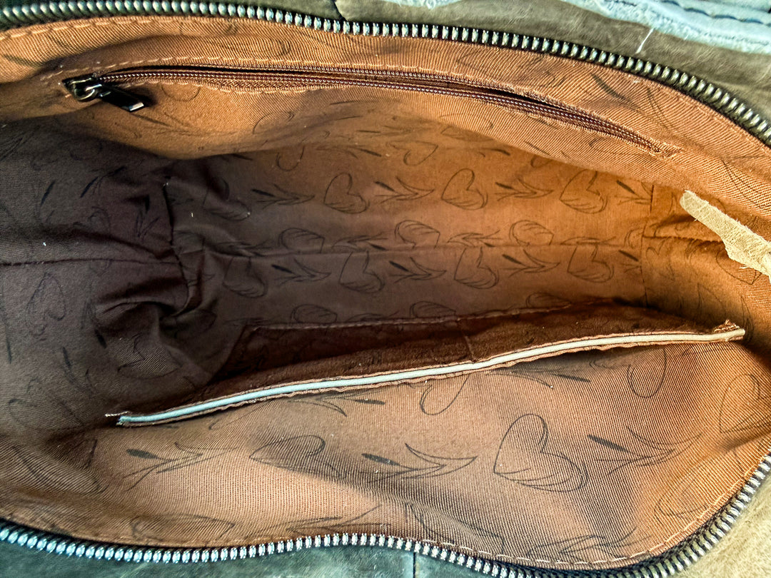 Vintage Vibe Black Leather Concealed Carry Purse with Hair-on Cowhide & Tooled Leather | Right-Hand CCW Tote