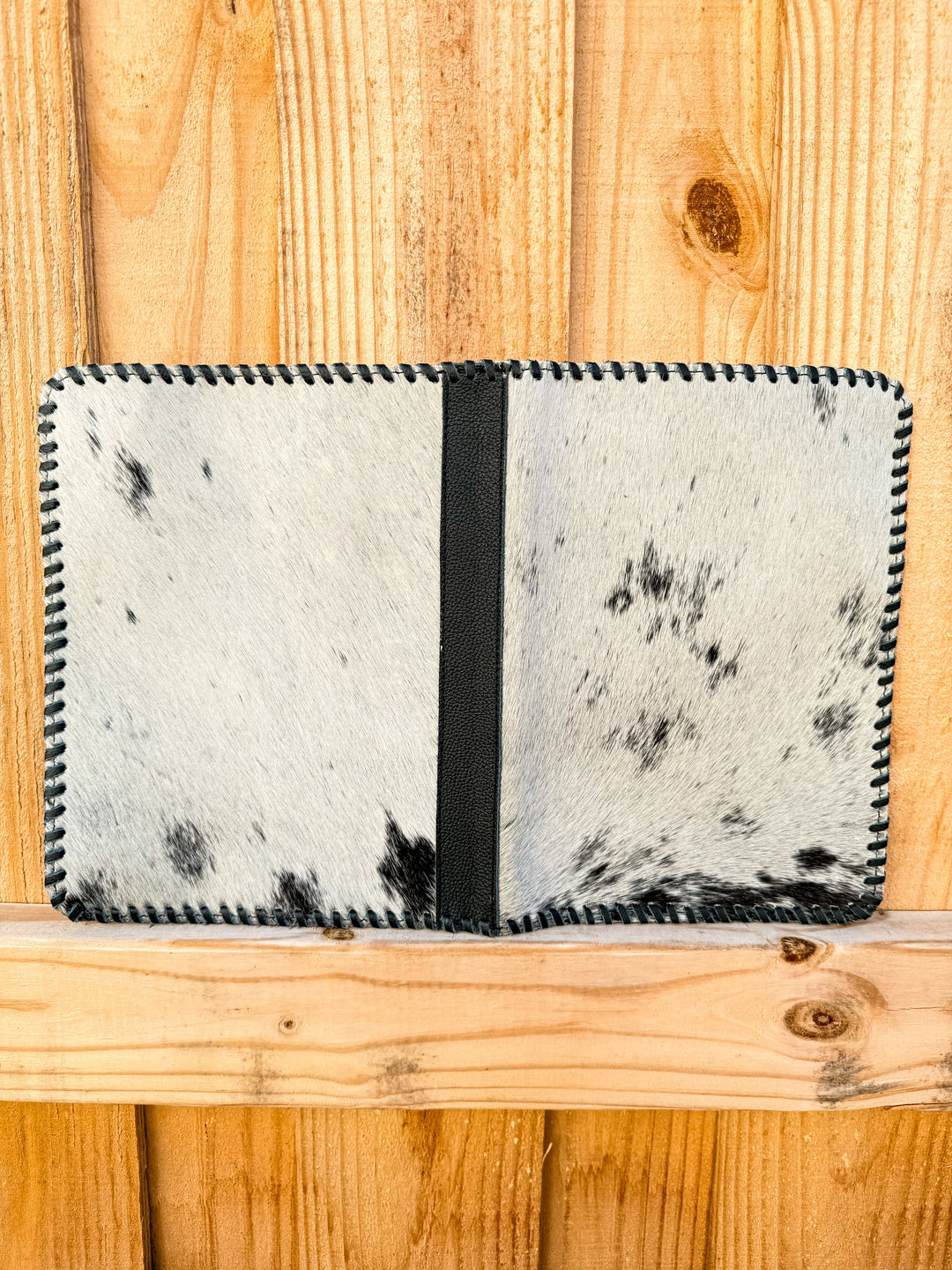 Black Leather & Cowhide Bible Cover – Handmade Western Book Sleeve for Large Bibles & Journals