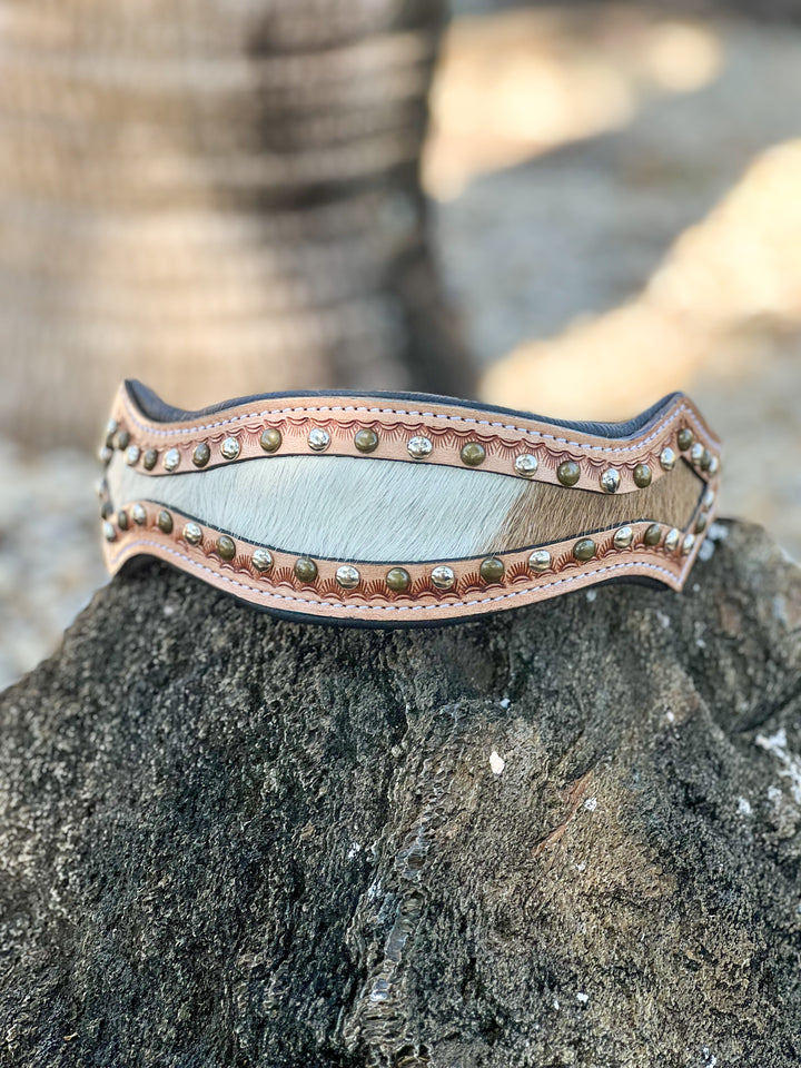 The Outlaw : (XL) cowhide tooled leather studded dog collar