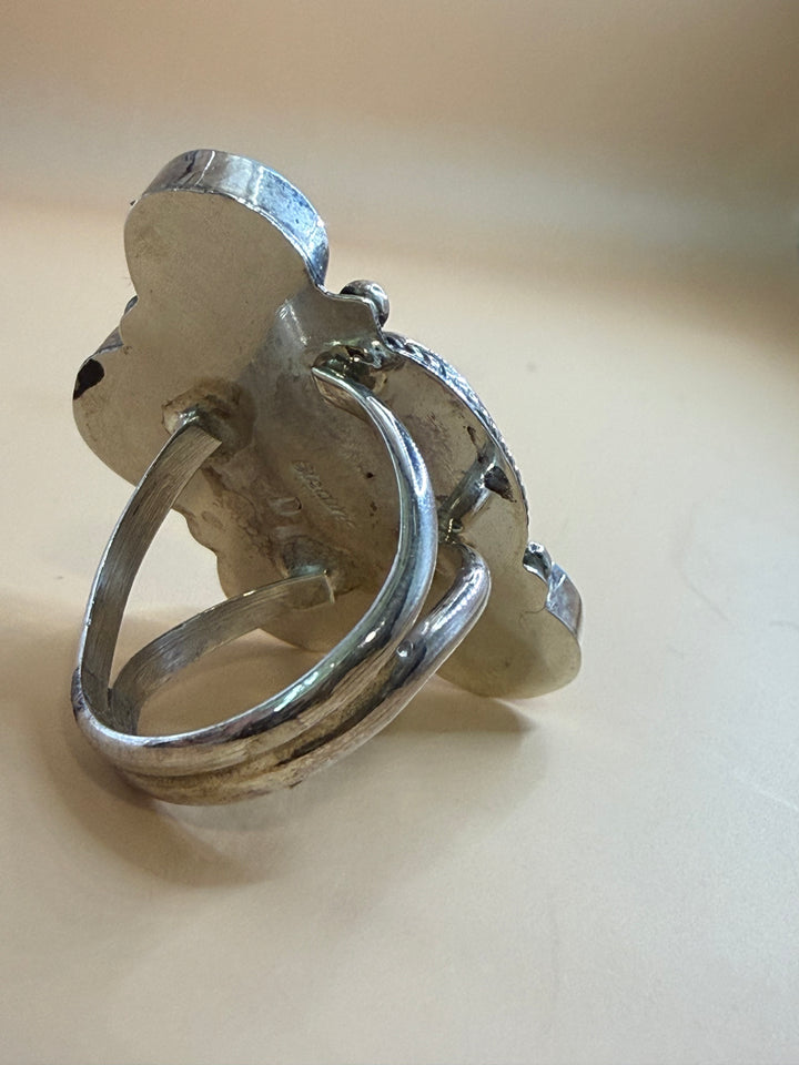 Navajo Handmade Kingman Turquoise Half Cluster Ring | Rita Dawes | Sterling Silver | Size 8