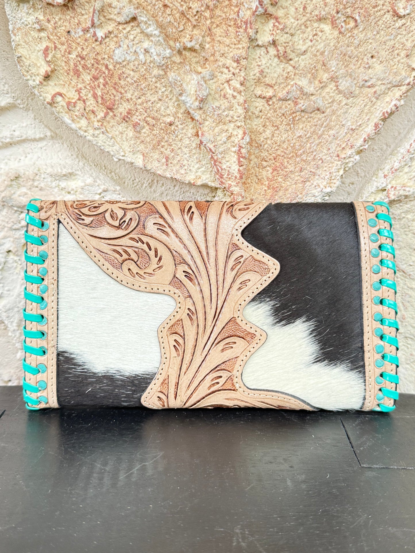 Hide and Ace : Tooled Leather and Cowhide Aces Card Design Turquoise Stiched Wallet