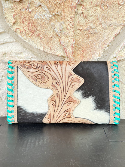 Hide and Ace : Tooled Leather and Cowhide Aces Card Design Turquoise Stiched Wallet