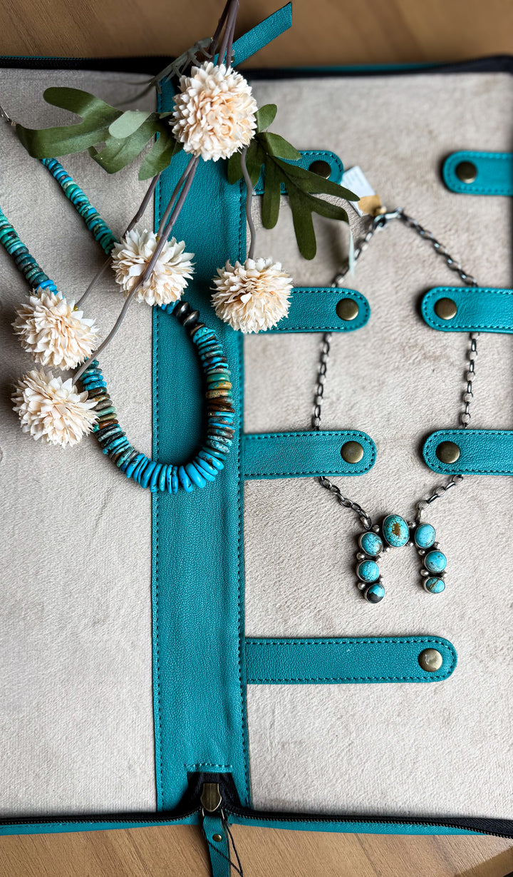 The Blossom Keeper | Cowhide Squash Blossom Necklace Travel Case | Leather Jewelry Organizer