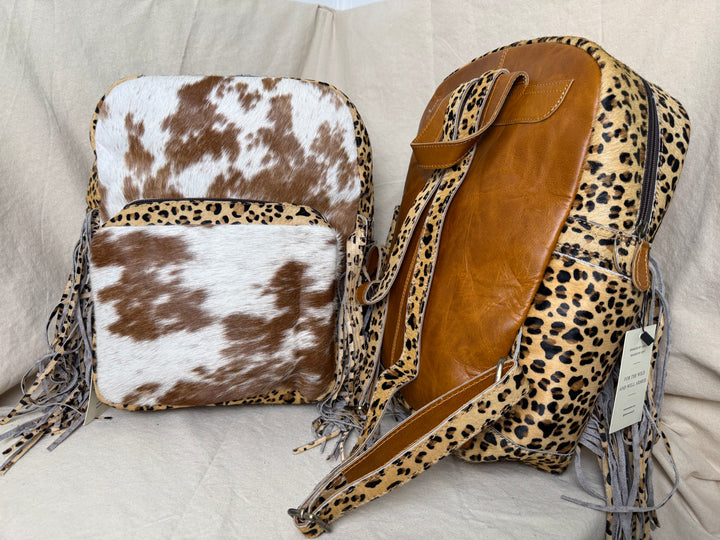 The Wild Hair Backpack | Genuine Hair-on Cowhide Leather Backpack with Leopard Print Fringe