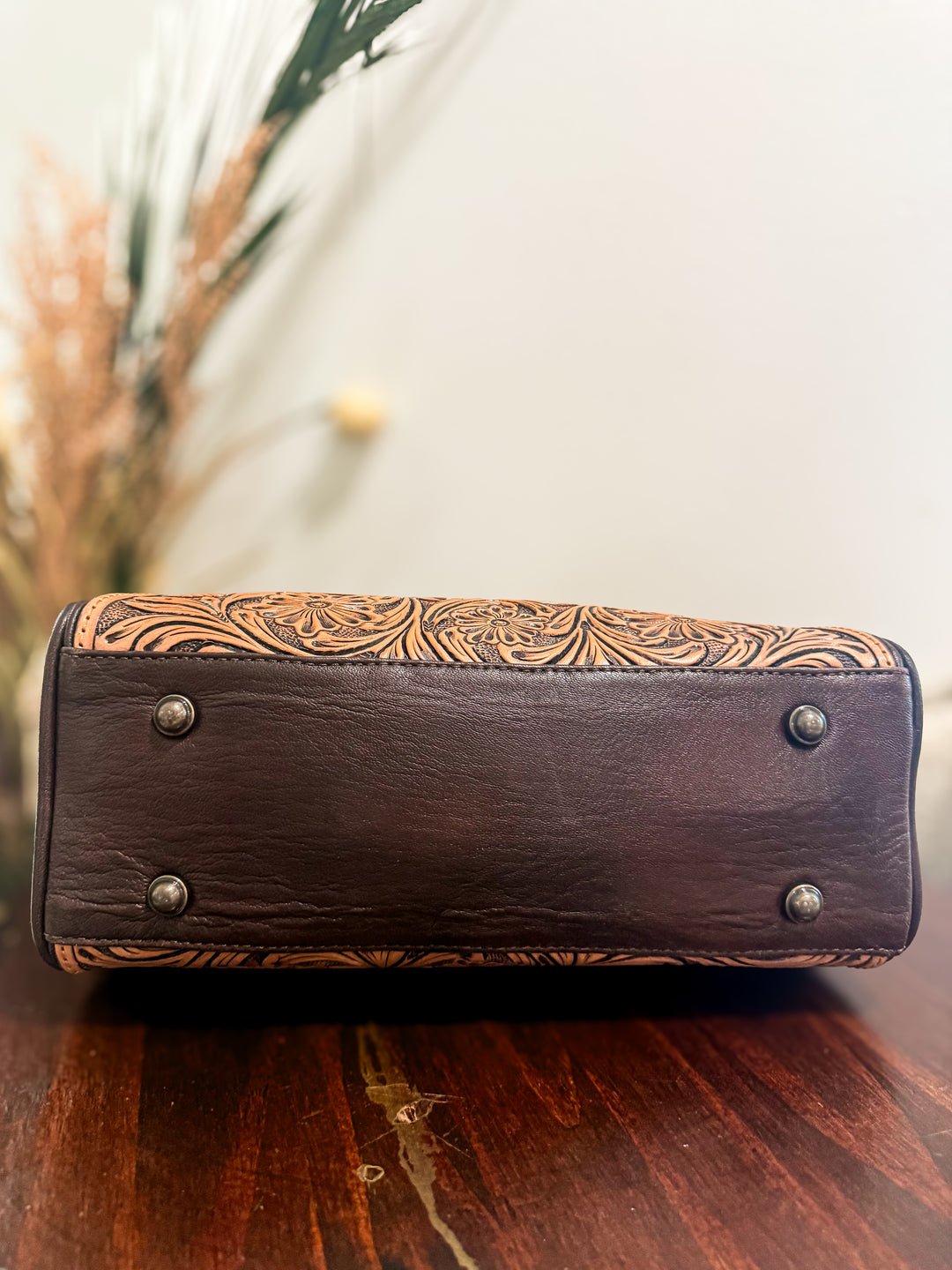 Tooled Leather & Speckled Cowhide Structured Handbag