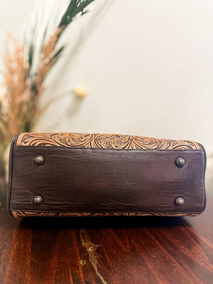 Tooled Leather & Speckled Cowhide Structured Handbag