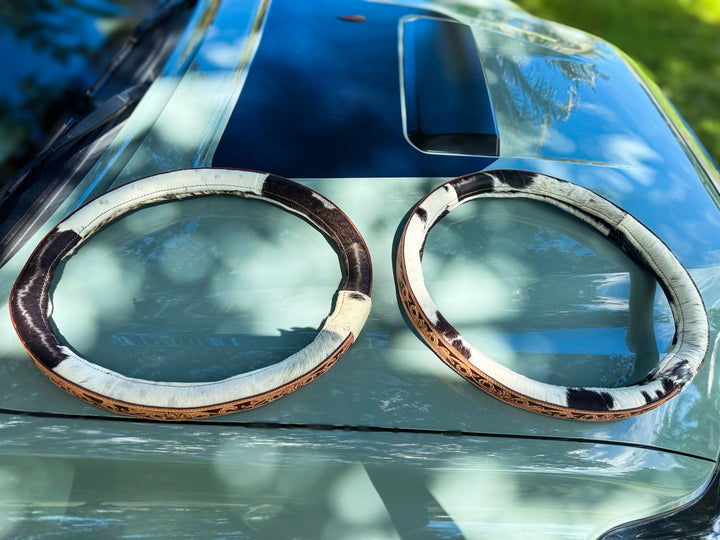 Western Tooled Leather and Cowhide Truck Steering Wheel Cover – Choose 15” or 16″
