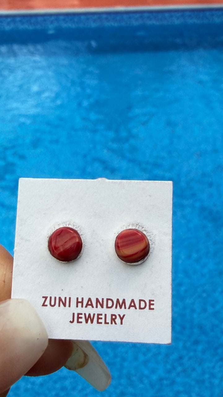 Zuni Handmade 4mm Spiny Oyster Stud Earrings | Sterling Silver | Small Native American Earrings