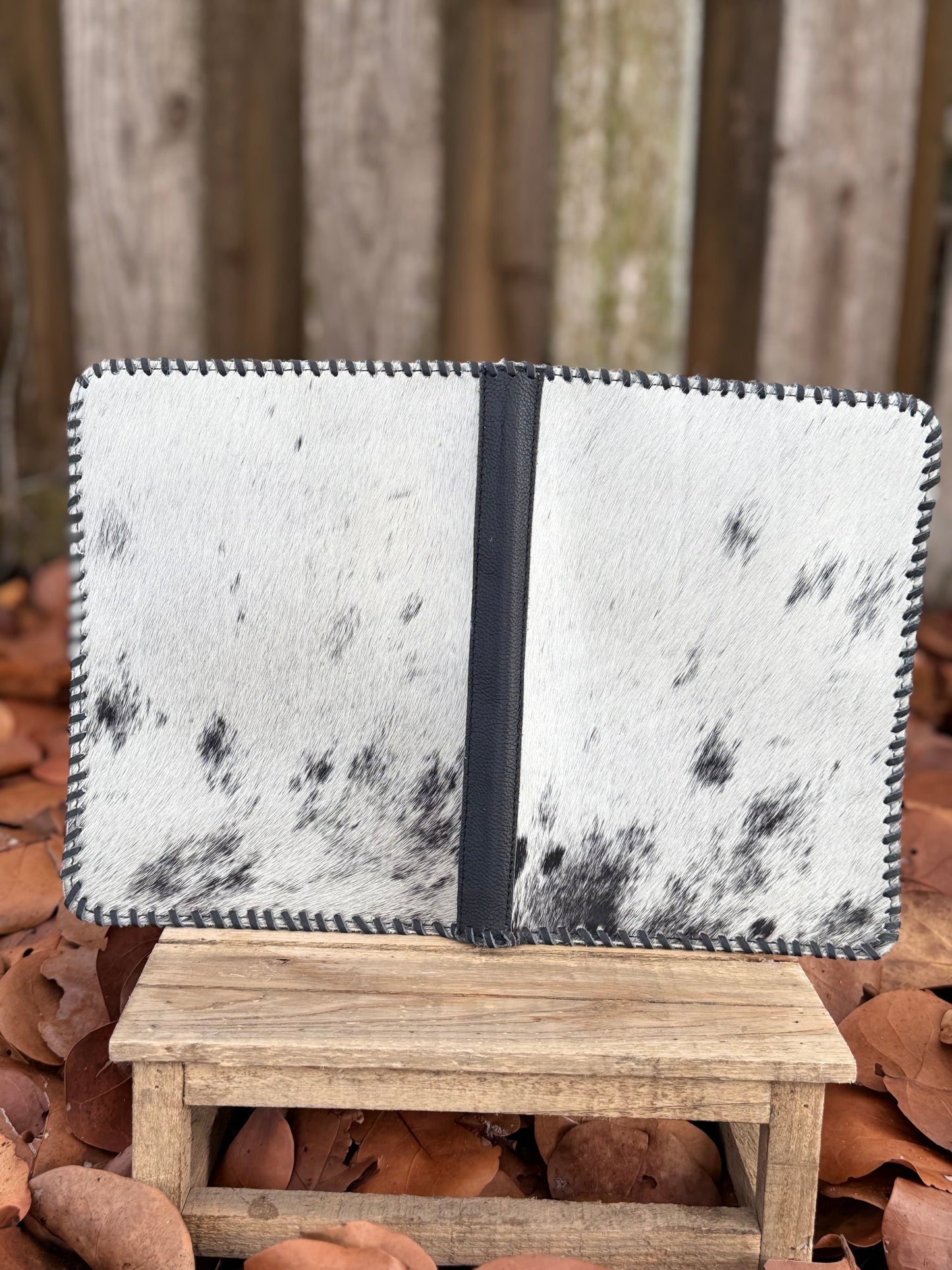 Black Leather & Cowhide Bible Cover – Handmade Western Book Sleeve for Large Bibles & Journals