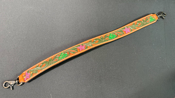 Pink and Green Floral Boho Western Tooled Leather Purse Strap | 27”