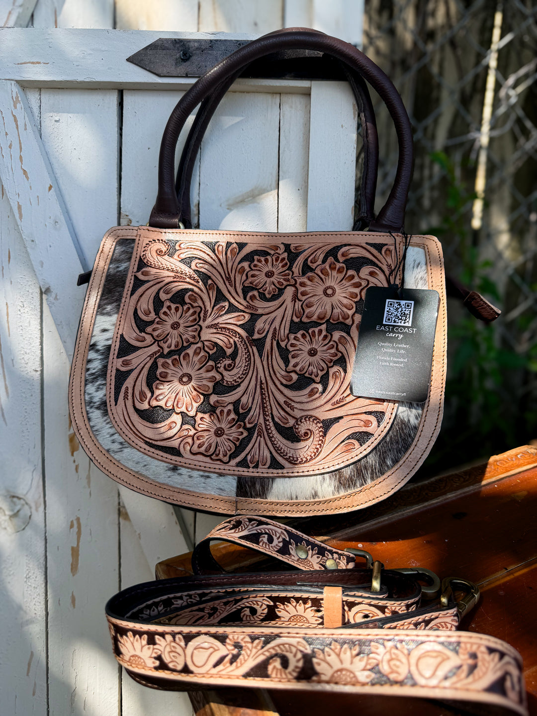 Featherlight Tooled Leather & Cowhide Crossbody Satchel