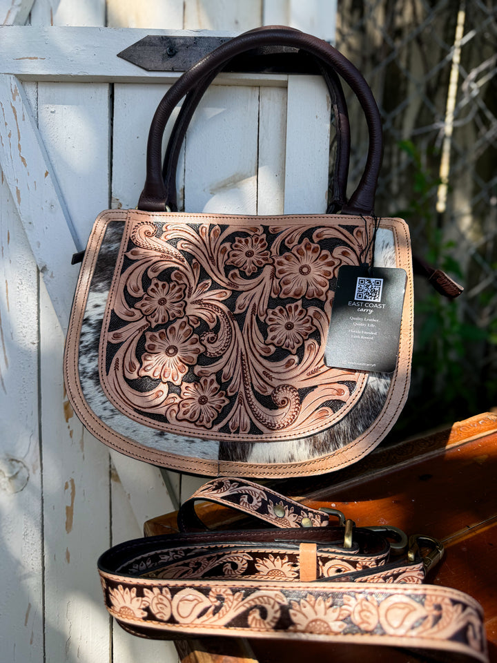 Featherlight Tooled Leather & Cowhide Crossbody Satchel