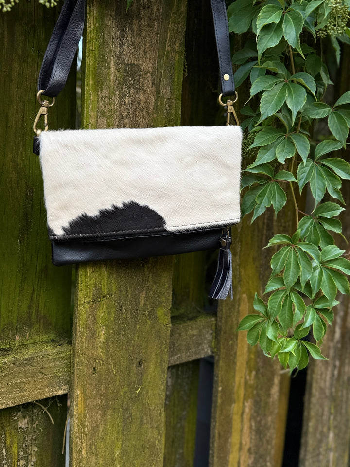 Hide Away Foldover | Small Elegant Black Leather and Hair on Cowhide Crossbody Foldover Purse
